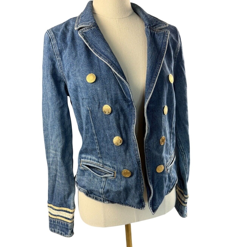 Gap 1969 Womens Military Denim Blazer Gold Buttons Open Front Jacket Med Vintage